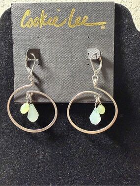 Cookie Lee Silver Hoop Earrings with Pale Green Teardrop Charms